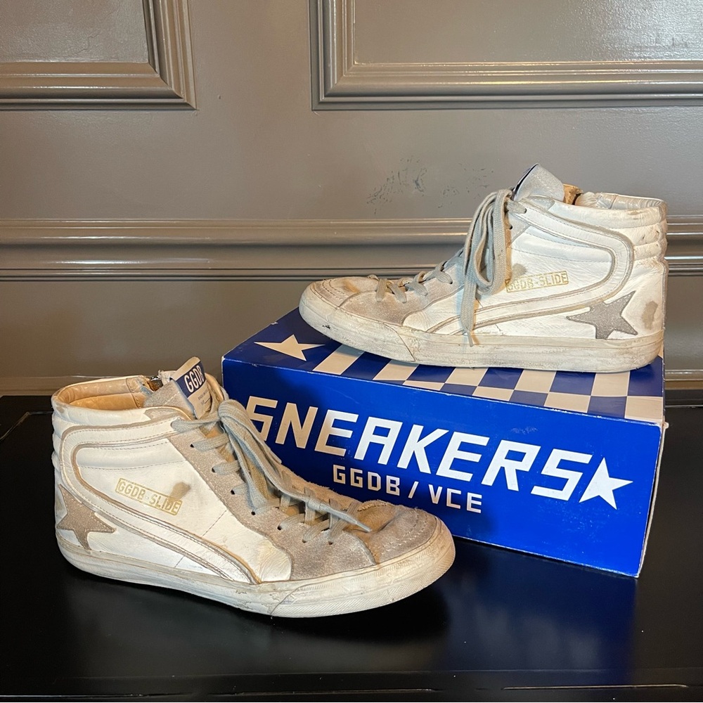 Golden Goose Slide Men’s Size 10 / 43 High- Top White Leather & Suede Sneakers